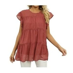 Entro Red Orange Swiss Dot Tiered Babydoll Ruffle Cap Sleeve Top S BOHO Cottage